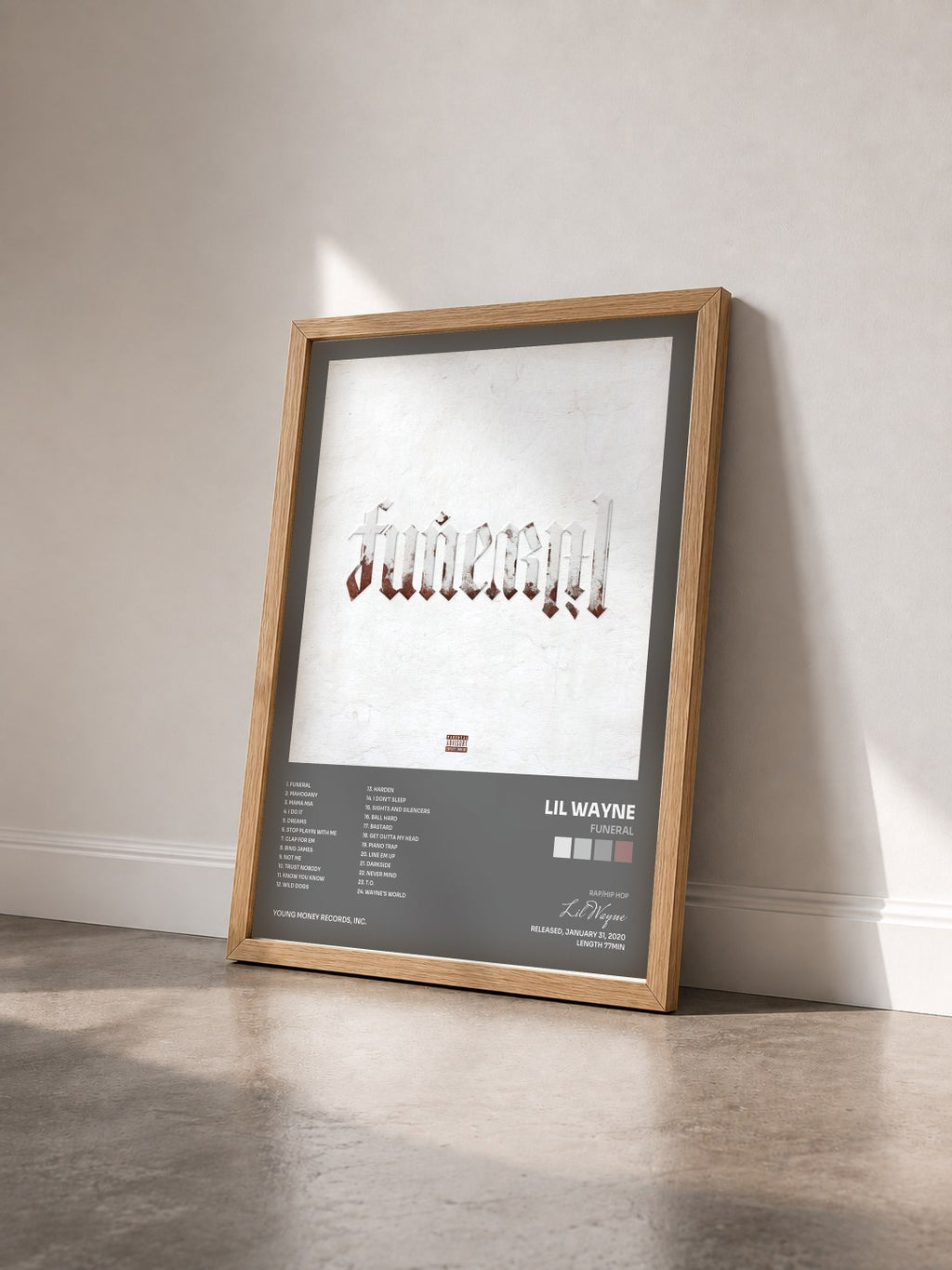 #bois Tableau de l'album Funeral de Lil Wayne vu de trois quarts, cadre en bois brut