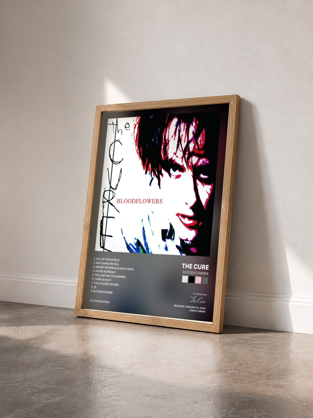 #bois Tableau de l'album Bloodflowers de The Cure vu de trois quarts, cadre en bois brut
