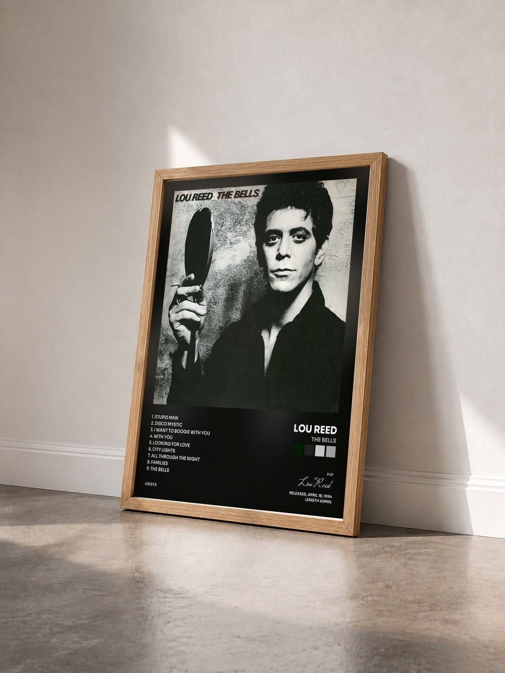 #bois Tableau de l'album The Bells de Lou Reed vu de trois quarts, cadre en bois brut