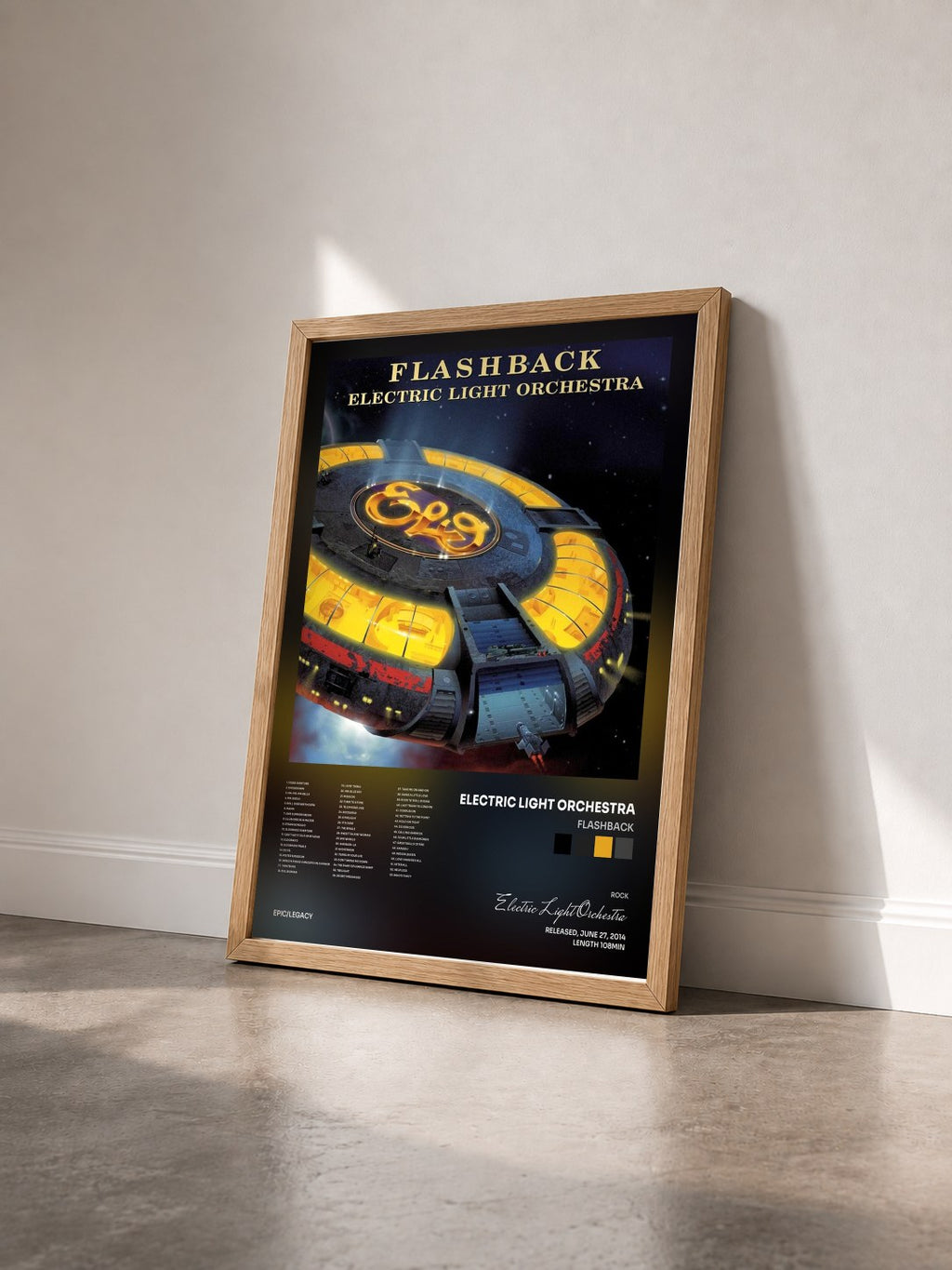 #bois Tableau de l'album Flashback de Electric Light Orchestra vu de trois quarts, cadre en bois brut
