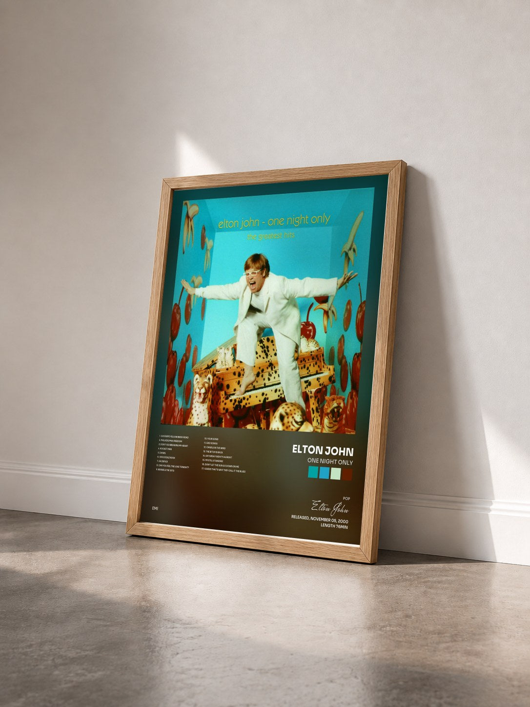 #bois Tableau de l'album One Night Only de Elton John vu de trois quarts, cadre en bois brut