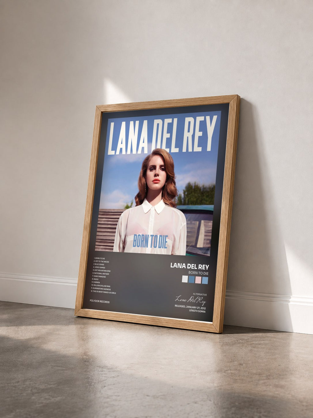 #bois Tableau de l'album Born To Die de Lana Del Rey vu de trois quarts, cadre en bois brut