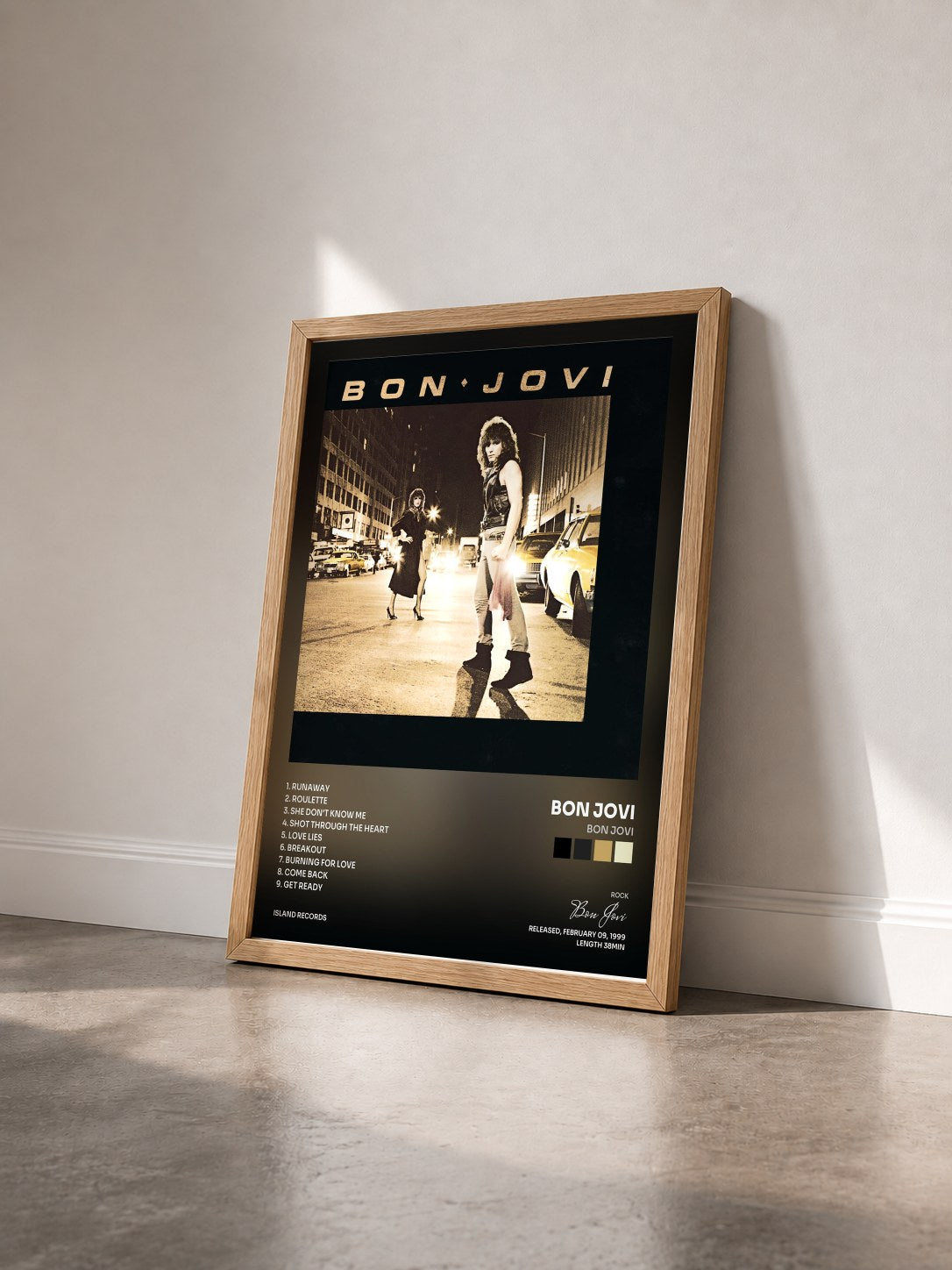 #bois Tableau de l'album Bon Jovi de Bon Jovi vu de trois quarts, cadre en bois brut