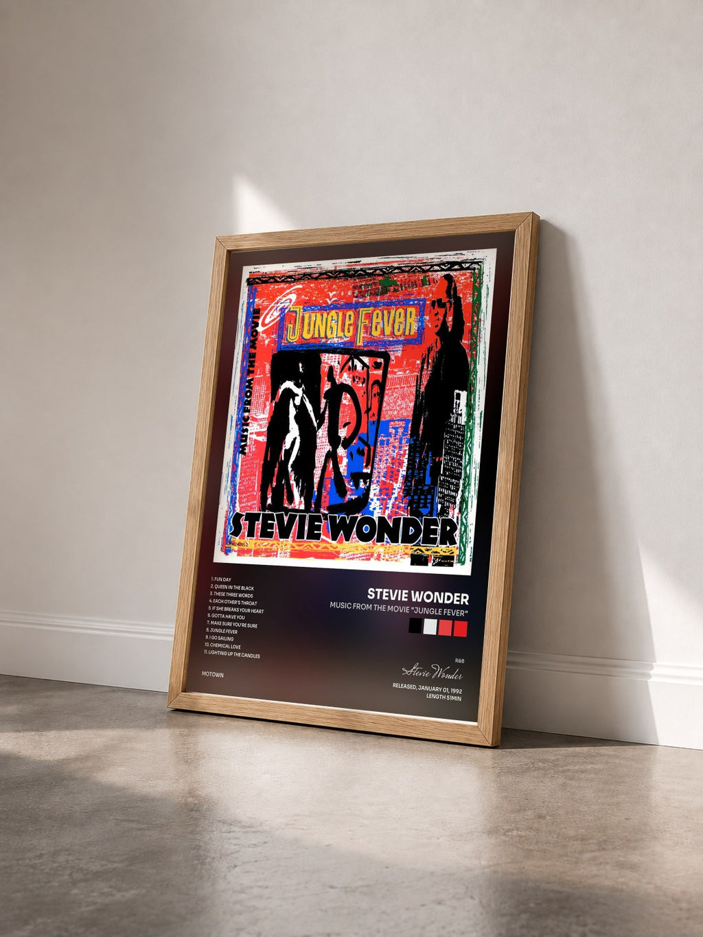 #bois Tableau de l'album Music From The Movie "Jungle Fever" de Stevie Wonder vu de trois quarts, cadre en bois brut