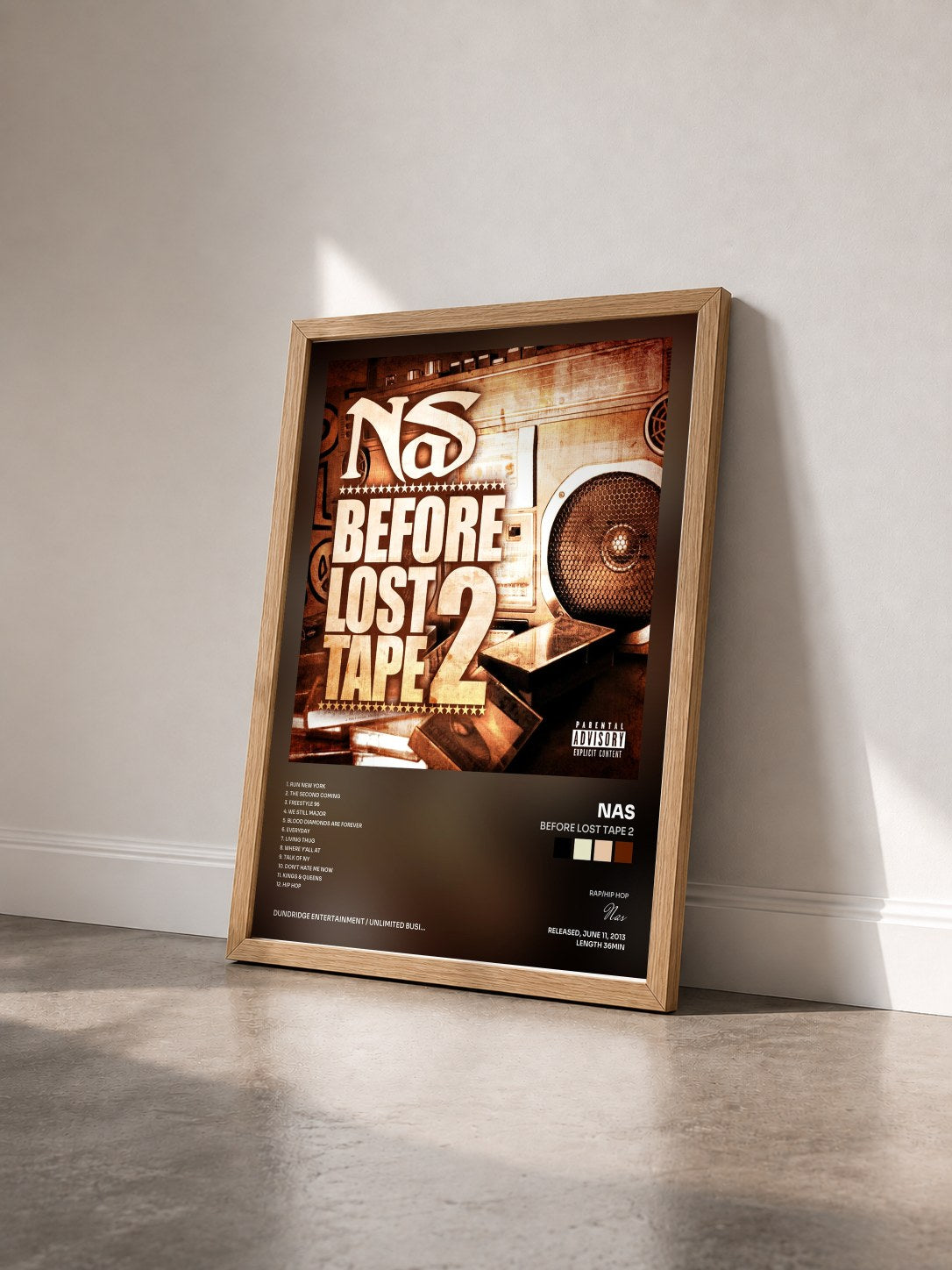 #bois Tableau de l'album Before Lost Tape 2 de Nas vu de trois quarts, cadre en bois brut