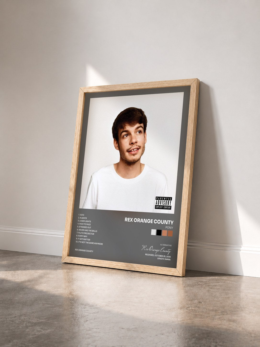 #bois Tableau de l'album Pony de Rex Orange County vu de trois quarts, cadre en bois brut