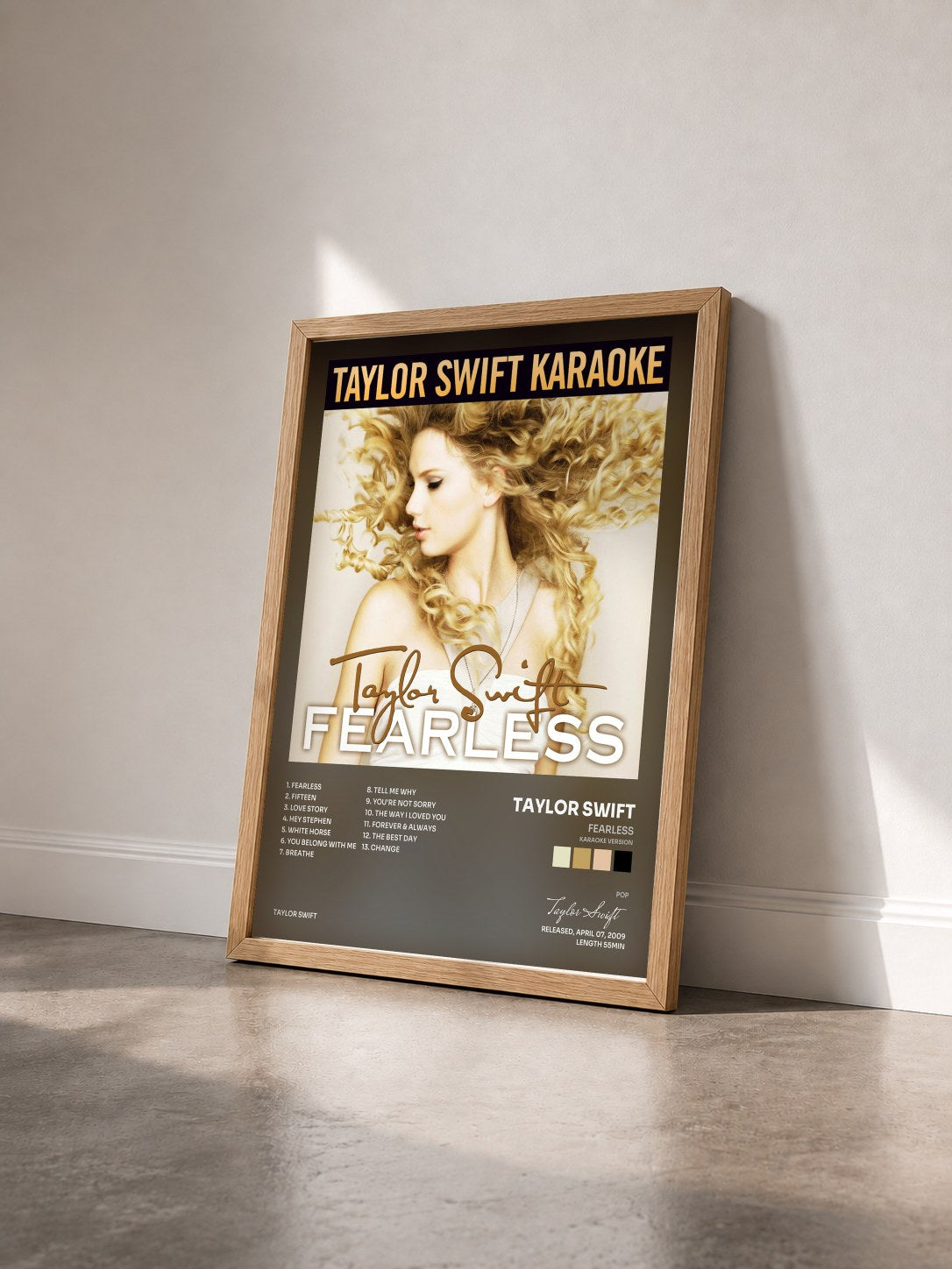 #bois Tableau de l'album Fearless (Karaoke Version) de Taylor Swift vu de trois quarts, cadre en bois brut