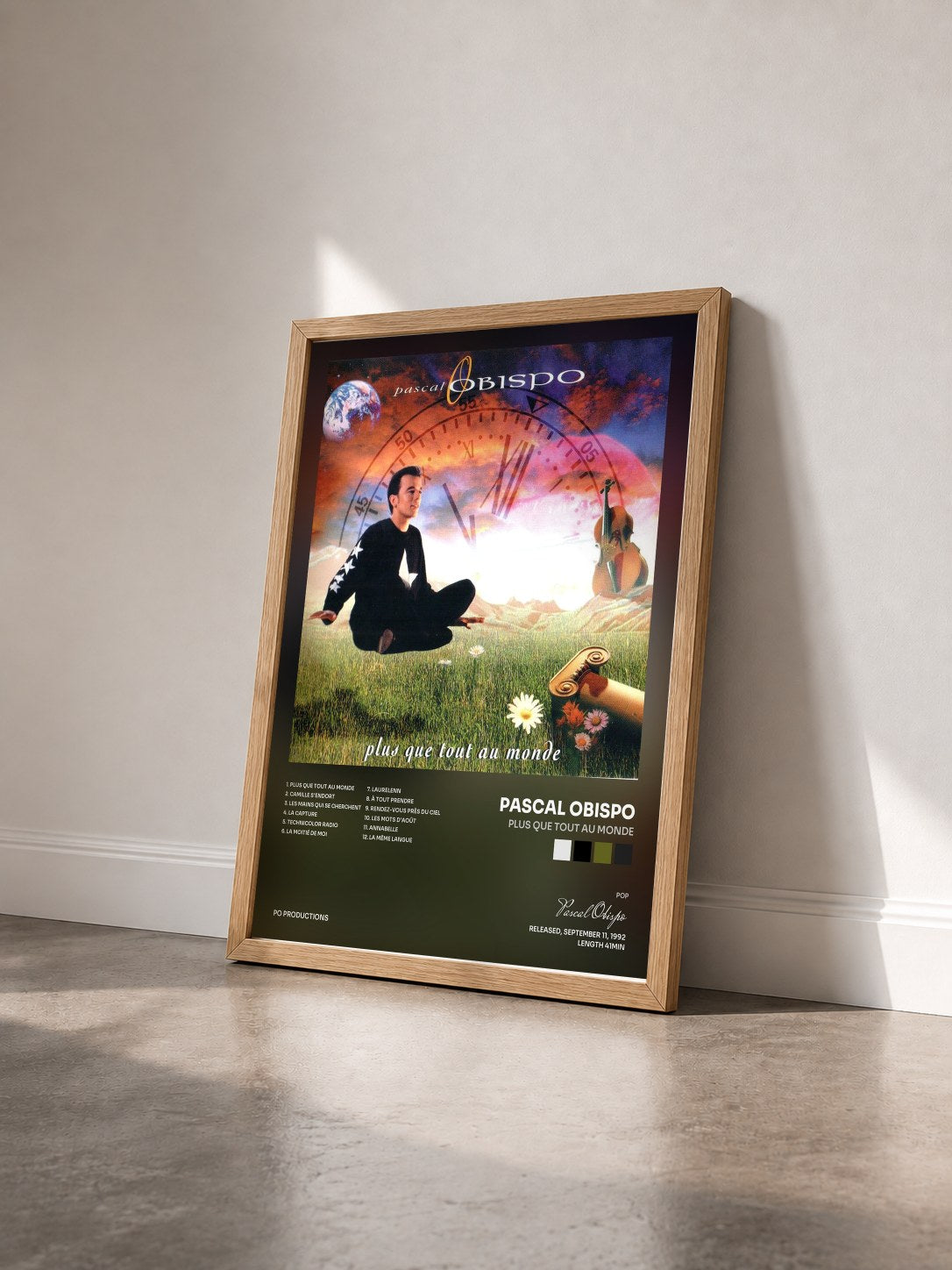 #bois Tableau de l'album Plus que tout au monde de Pascal Obispo vu de trois quarts, cadre en bois brut