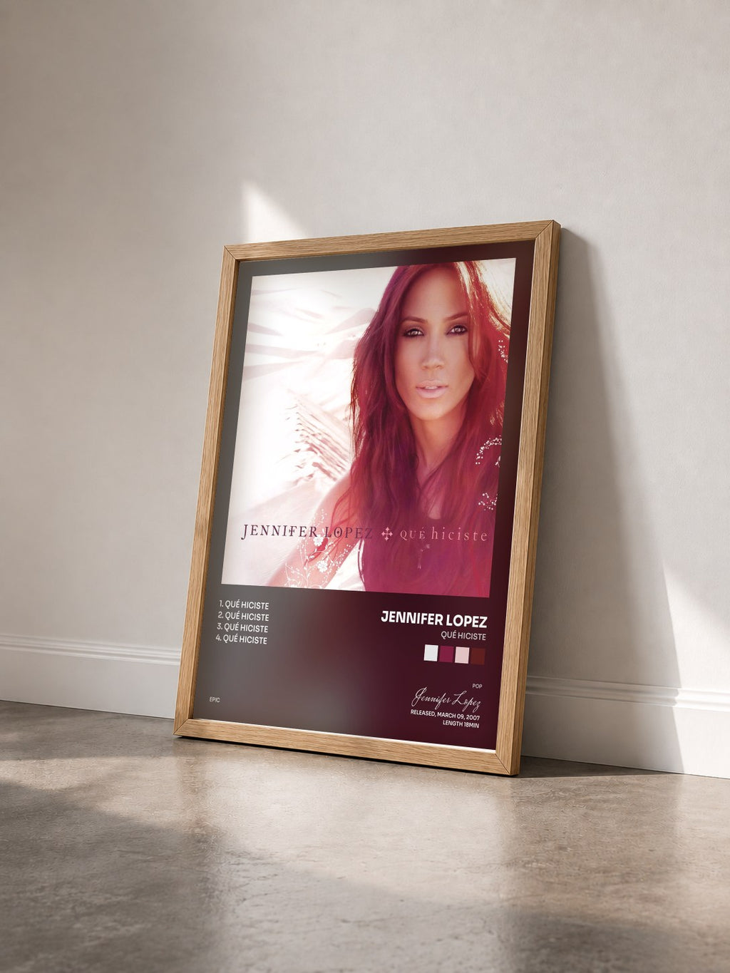 #bois Tableau de l'album Qué Hiciste de Jennifer Lopez vu de trois quarts, cadre en bois brut