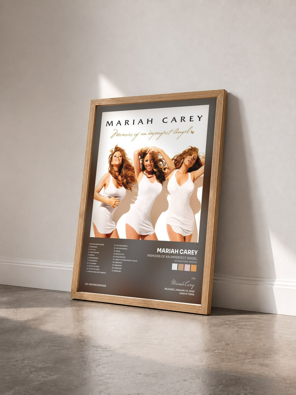 #bois Tableau de l'album Memoirs of an imperfect Angel (International Version) de Mariah Carey vu de trois quarts, cadre en bois brut