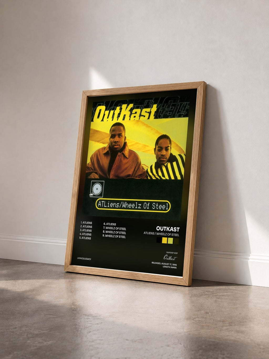 #bois Tableau de l'album ATLiens / Wheelz of Steel de Outkast vu de trois quarts, cadre en bois brut