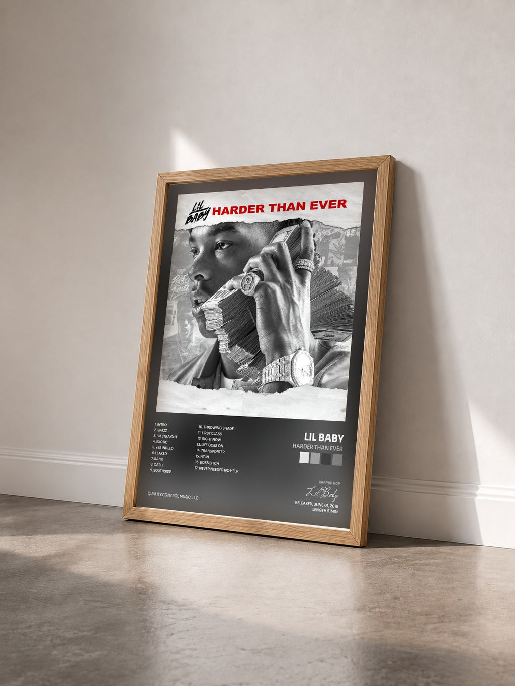 #bois Tableau de l'album Harder Than Ever de Lil Baby vu de trois quarts, cadre en bois brut