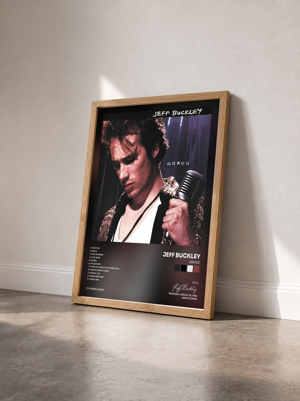 #bois Tableau de l'album Grace de Jeff Buckley vu de trois quarts, cadre en bois brut