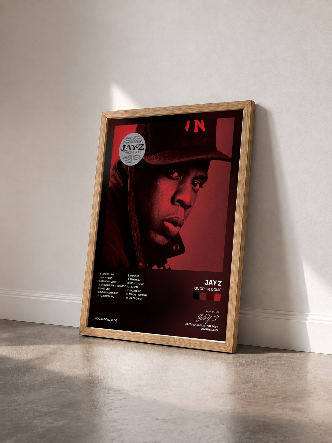 #bois Tableau de l'album Kingdom Come de JAY Z vu de trois quarts, cadre en bois brut