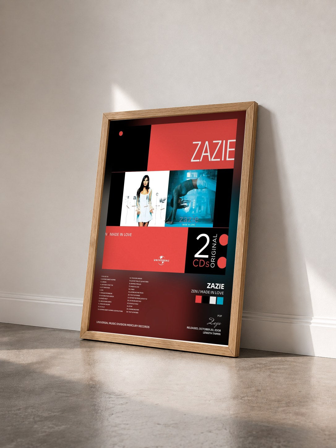 #bois Tableau de l'album Zen / Made In Love de Zazie vu de trois quarts, cadre en bois brut