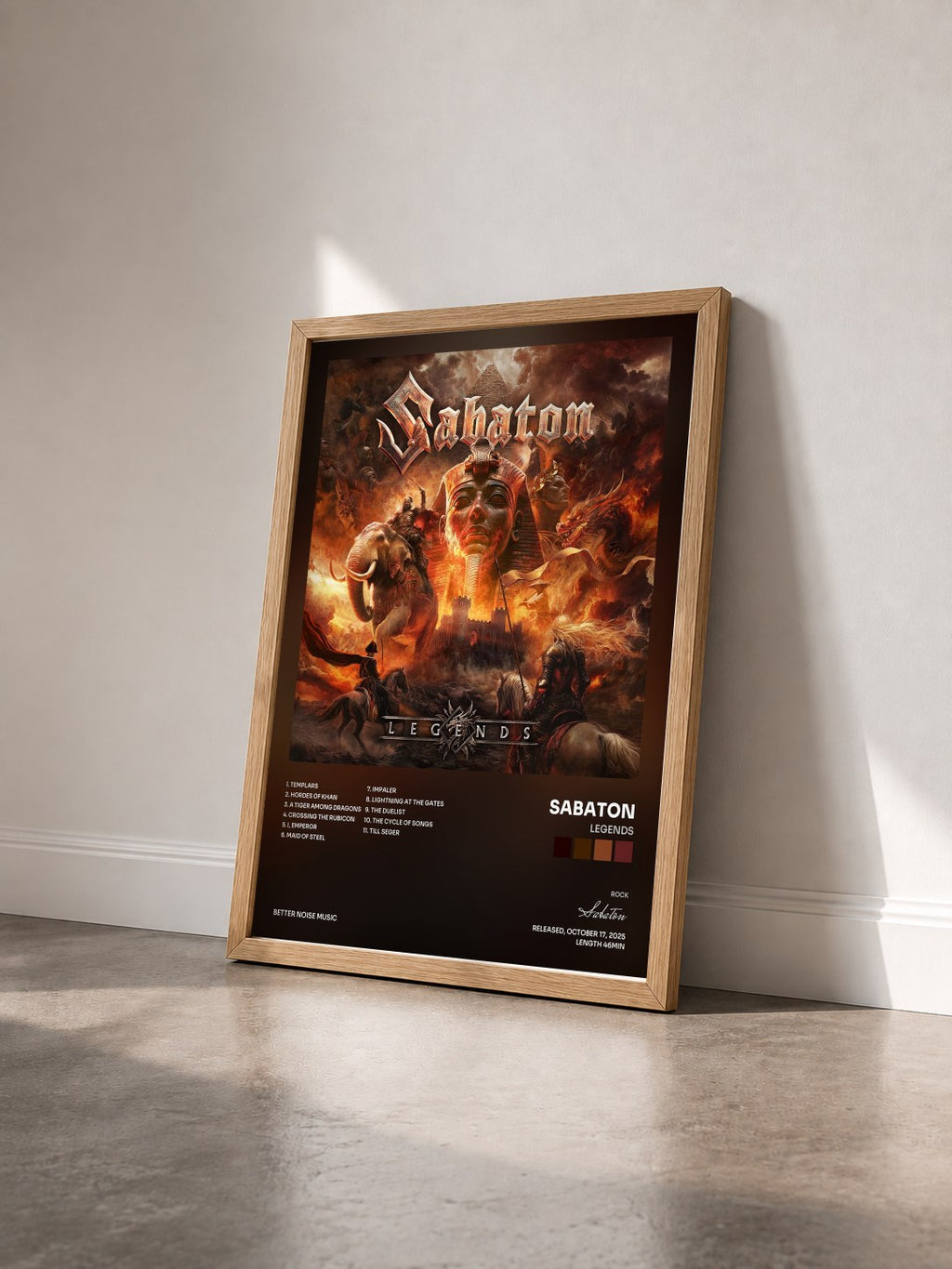 #bois Tableau de l'album Legends de Sabaton vu de trois quarts, cadre en bois brut