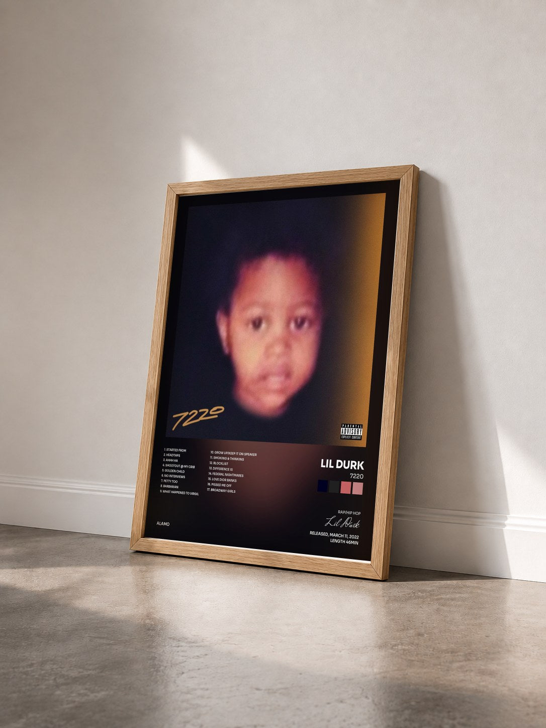 #bois Tableau de l'album 7220 de Lil Durk vu de trois quarts, cadre en bois brut