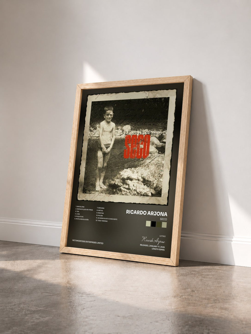 #bois Tableau de l'album SECO de Ricardo Arjona vu de trois quarts, cadre en bois brut
