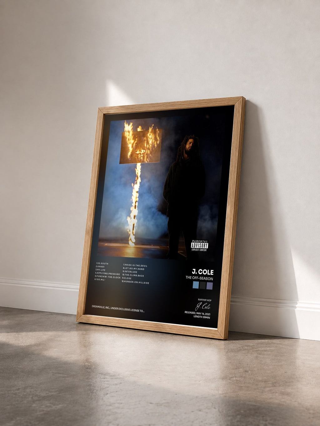 #bois Tableau de l'album The Off-Season de J. Cole vu de trois quarts, cadre en bois brut
