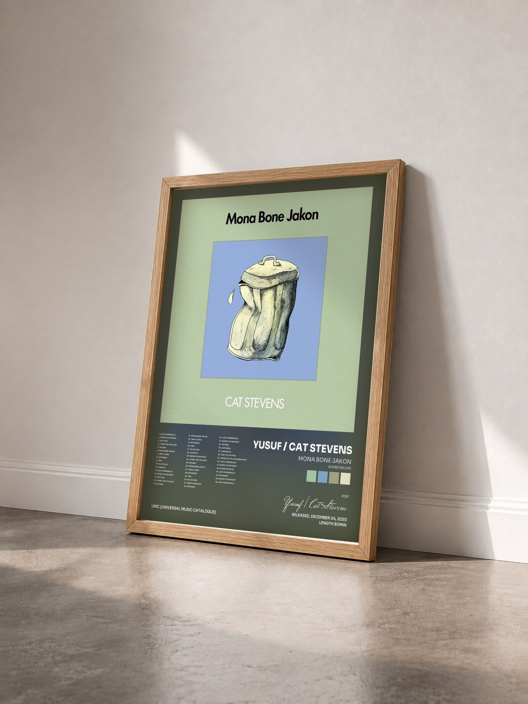 #bois Tableau de l'album Mona Bone Jakon (Super Deluxe) de Yusuf / Cat Stevens vu de trois quarts, cadre en bois brut