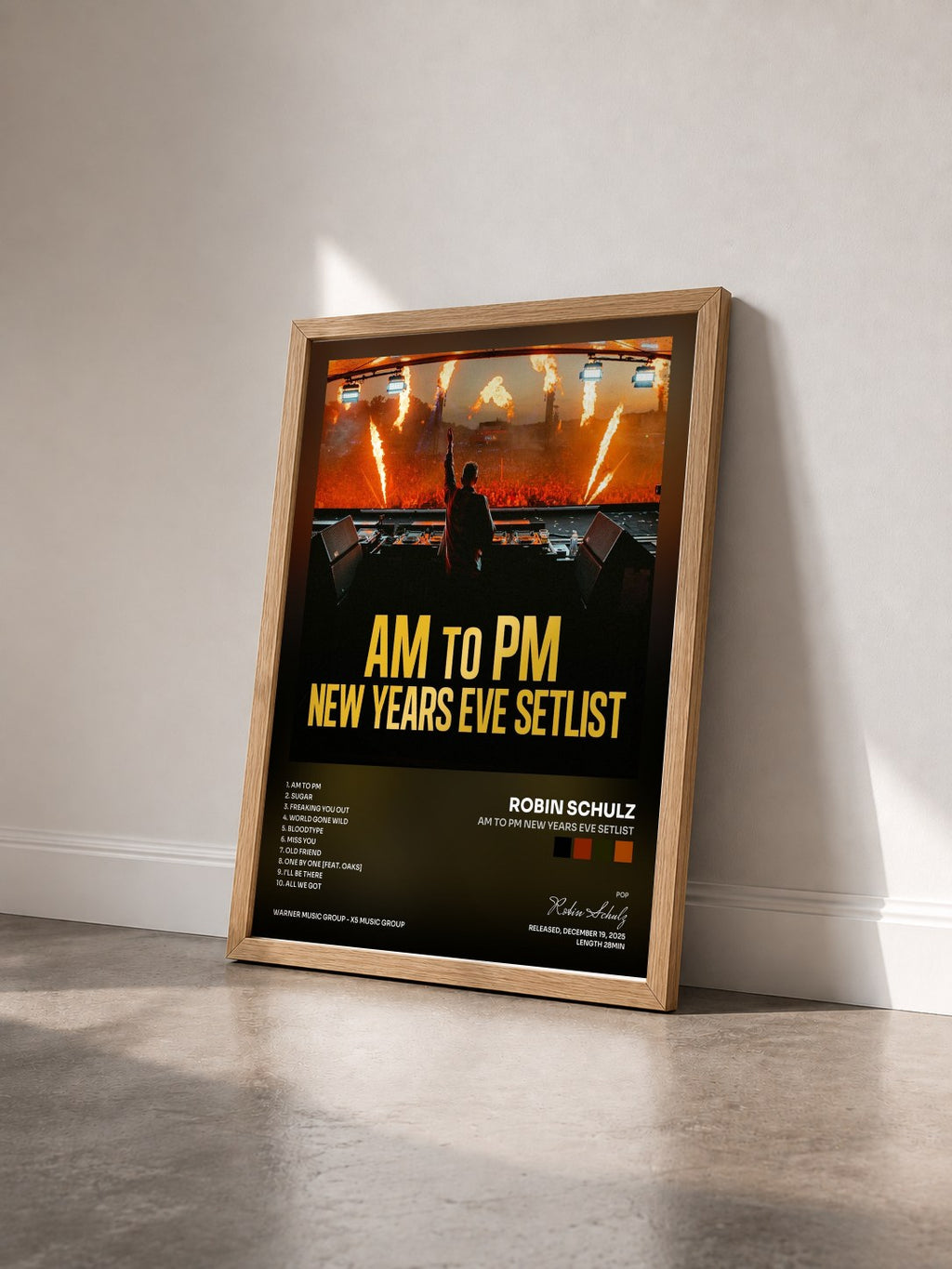 #bois Tableau de l'album AM to PM New Years Eve Setlist de Robin Schulz vu de trois quarts, cadre en bois brut