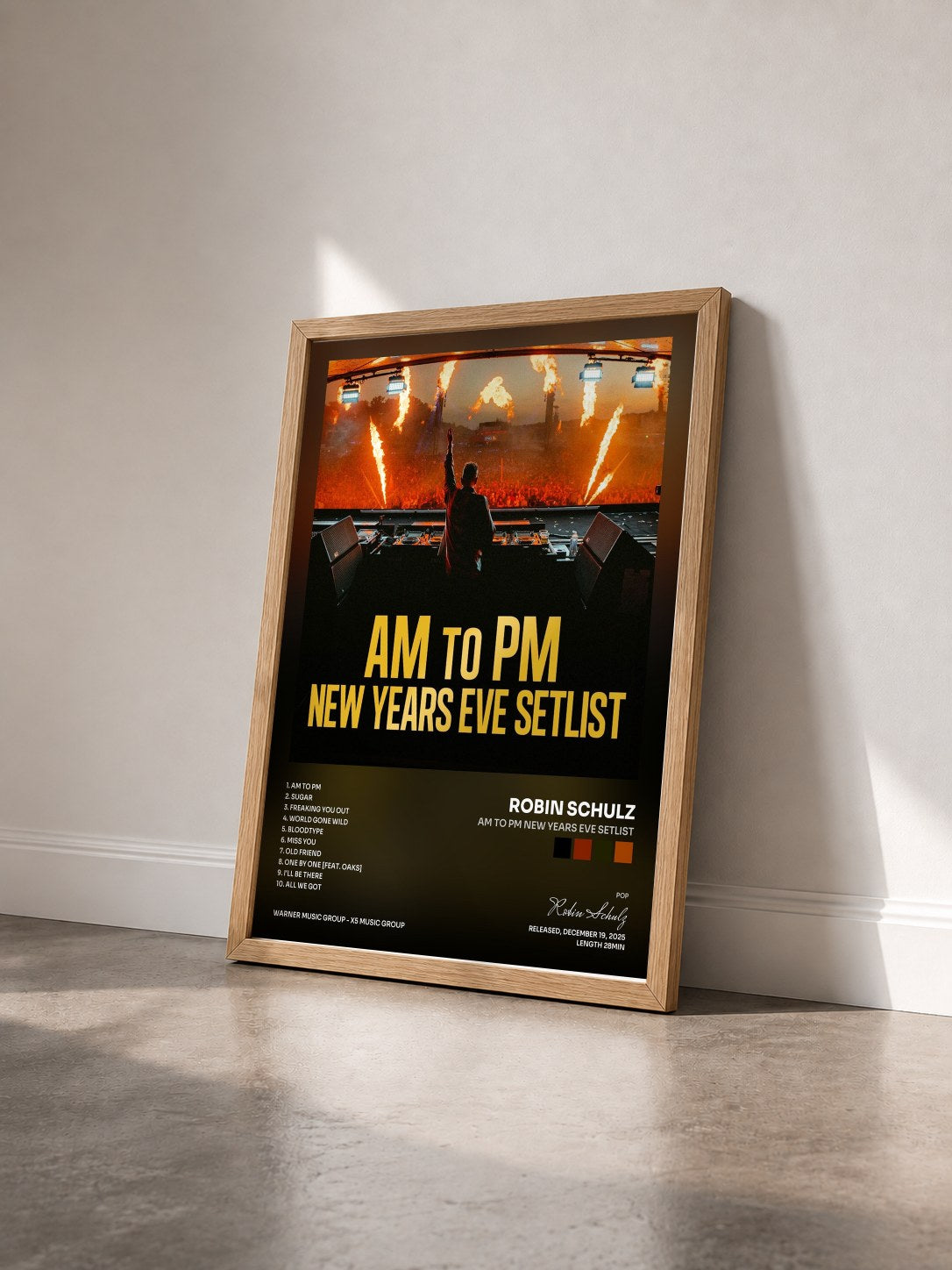 #bois Tableau de l'album AM to PM New Years Eve Setlist de Robin Schulz vu de trois quarts, cadre en bois brut