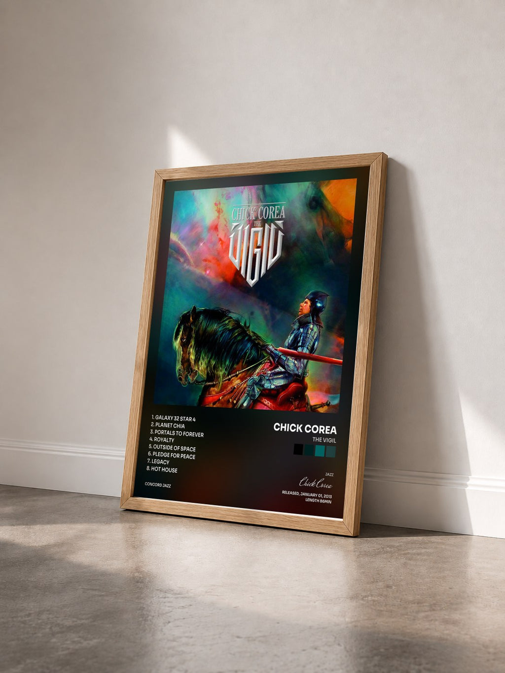 #bois Tableau de l'album The Vigil de Chick Corea vu de trois quarts, cadre en bois brut