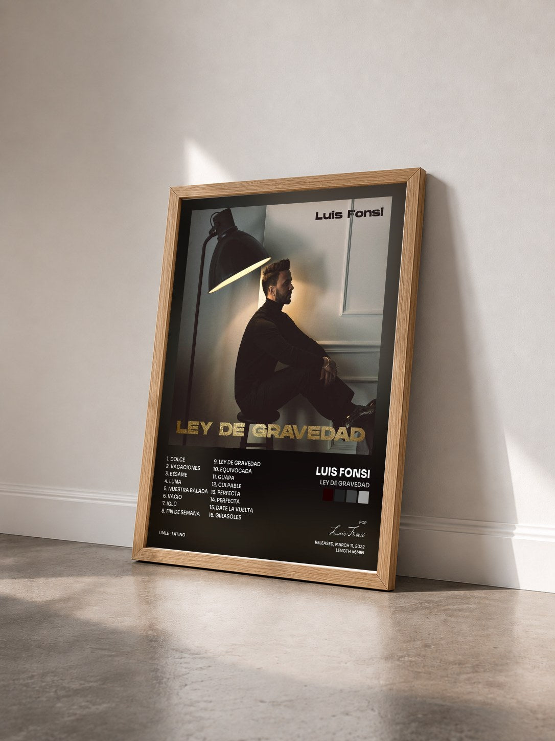 #bois Tableau de l'album Ley De Gravedad de Luis Fonsi vu de trois quarts, cadre en bois brut