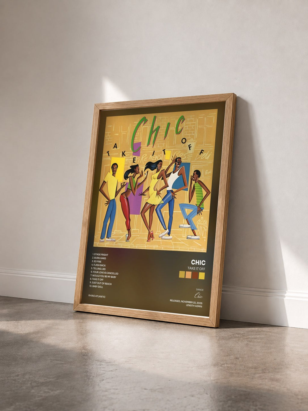 #bois Tableau de l'album Take It Off de Chic vu de trois quarts, cadre en bois brut
