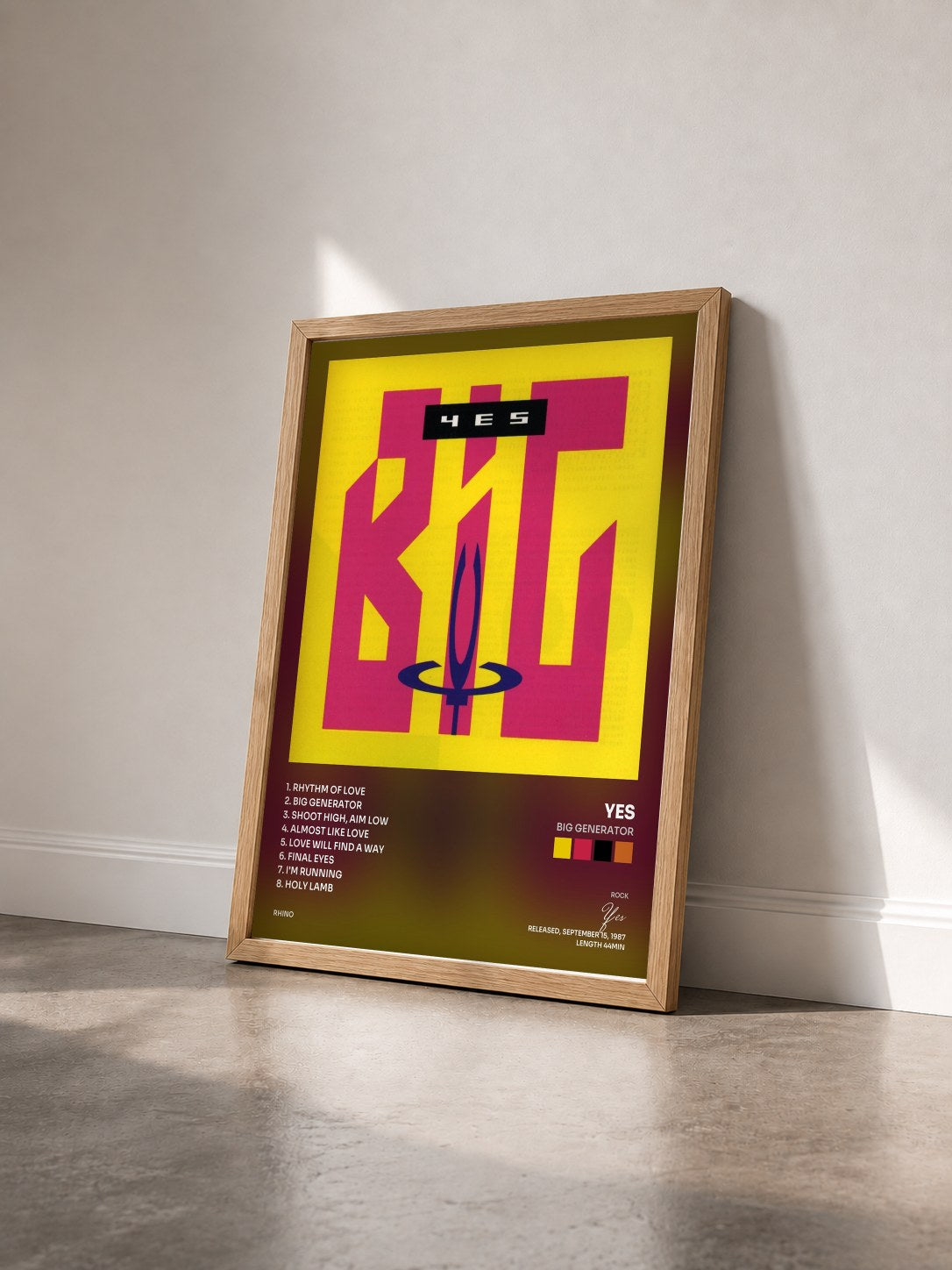 #bois Tableau de l'album Big Generator de Yes vu de trois quarts, cadre en bois brut