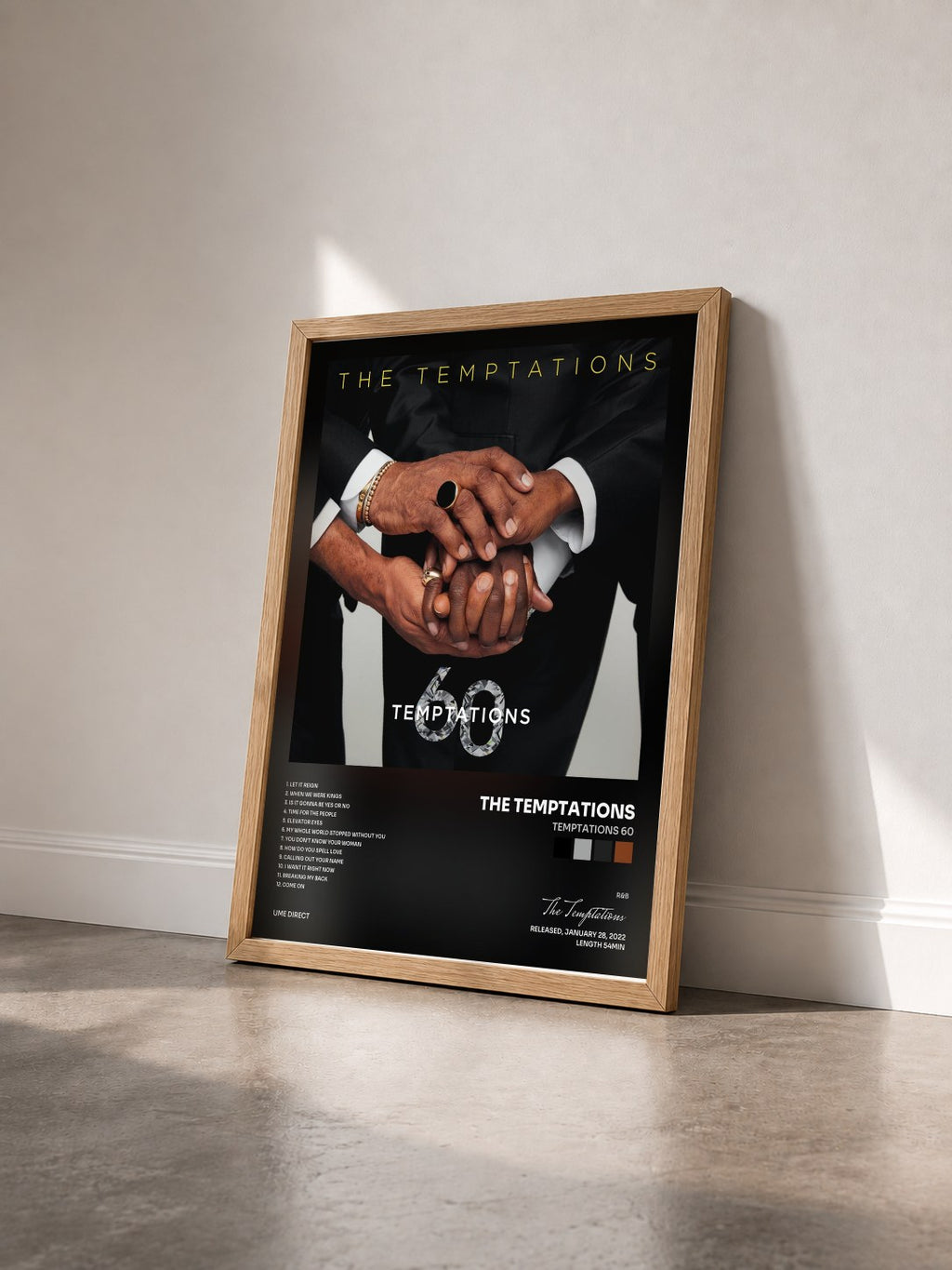#bois Tableau de l'album Temptations 60 de The Temptations vu de trois quarts, cadre en bois brut
