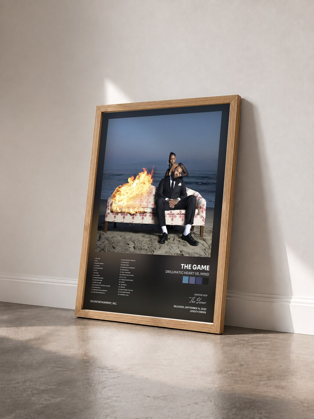 #bois Tableau de l'album DRILLMATIC Heart vs. Mind de The Game vu de trois quarts, cadre en bois brut