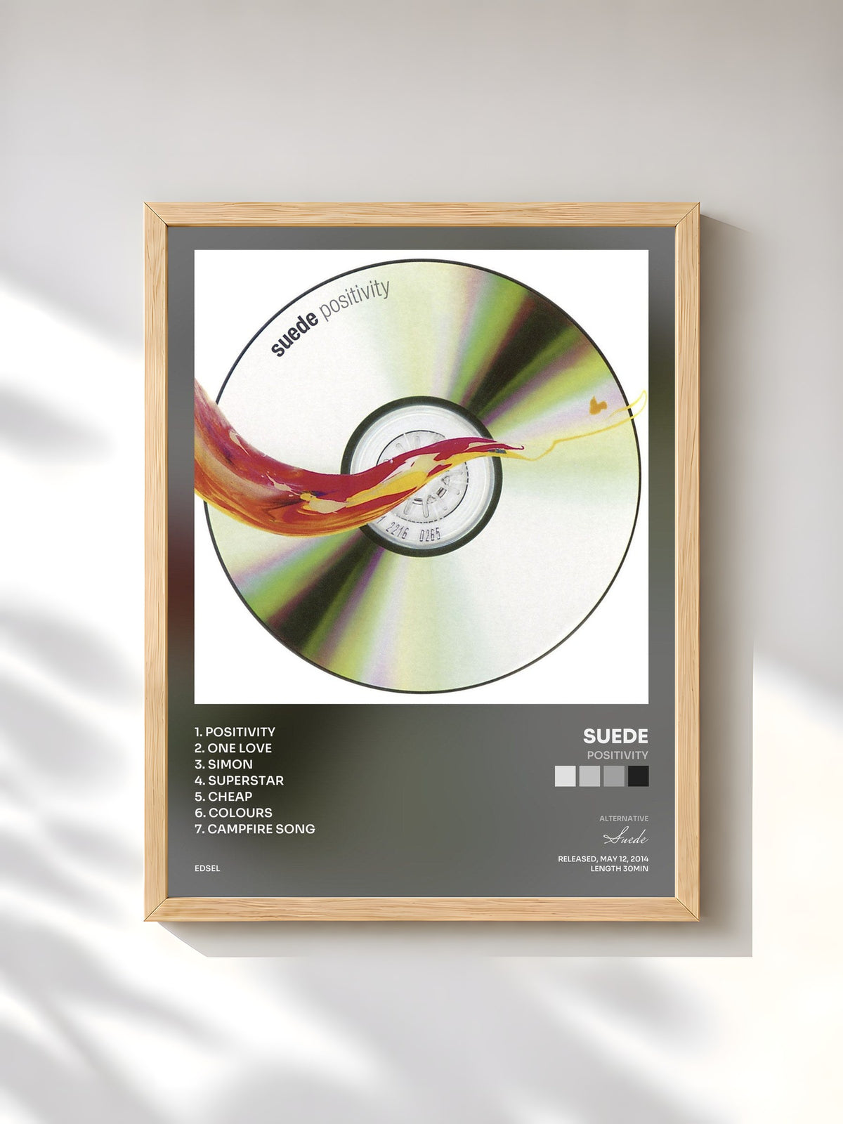 #bois Tableau de l'album Positivity de Suede, cadre en bois brut, imprimé et encadré en France
