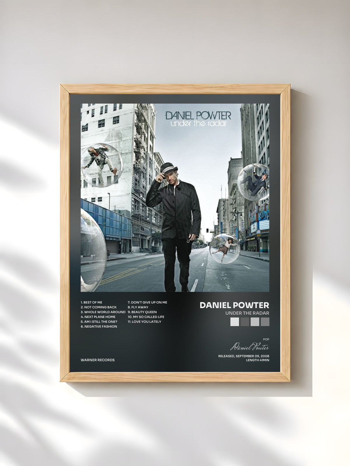 #bois Tableau de l'album Under the Radar de Daniel Powter, cadre en bois brut, imprimé et encadré en France