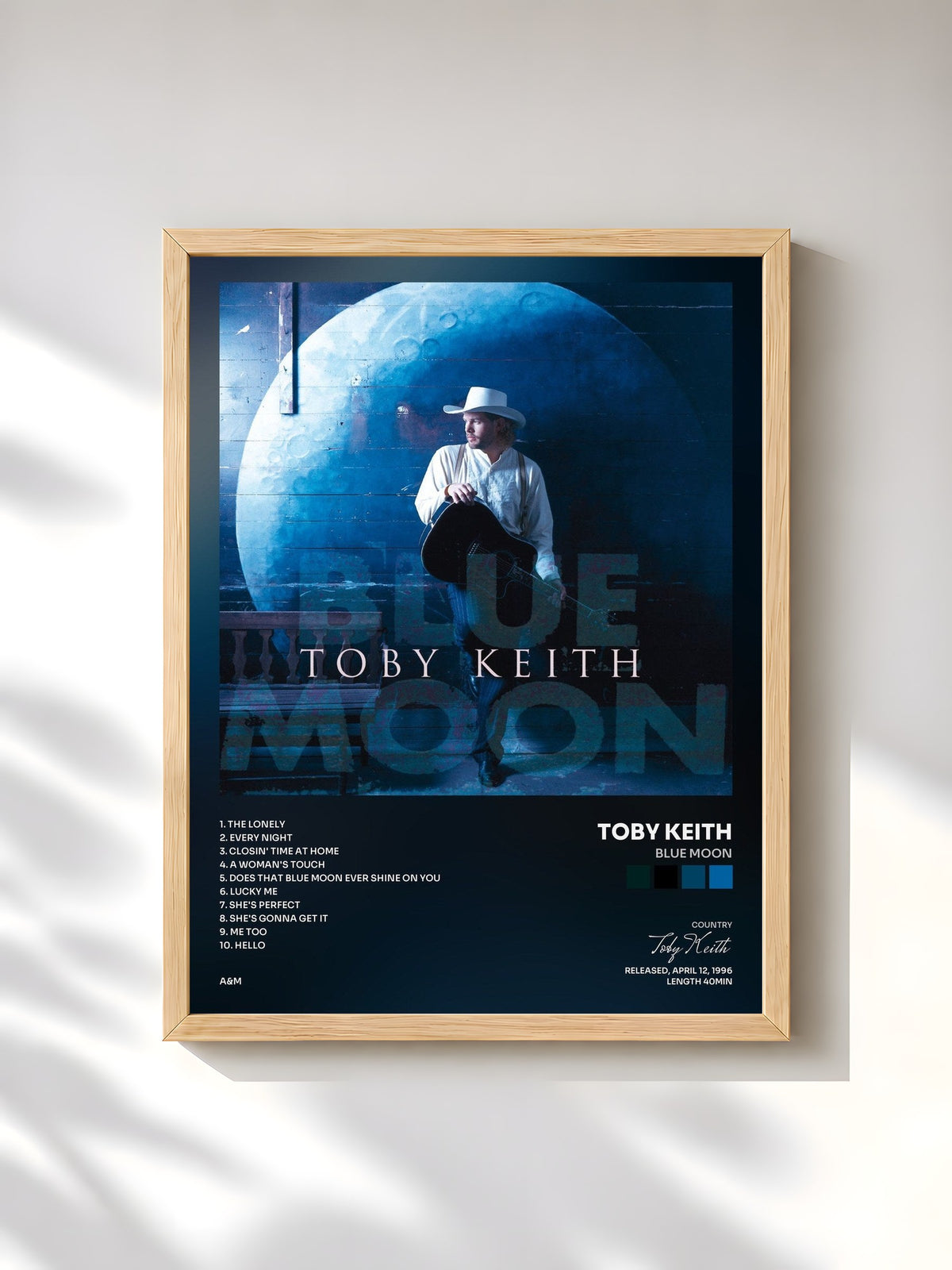 #bois Tableau de l'album Blue Moon de Toby Keith, cadre en bois brut, imprimé et encadré en France