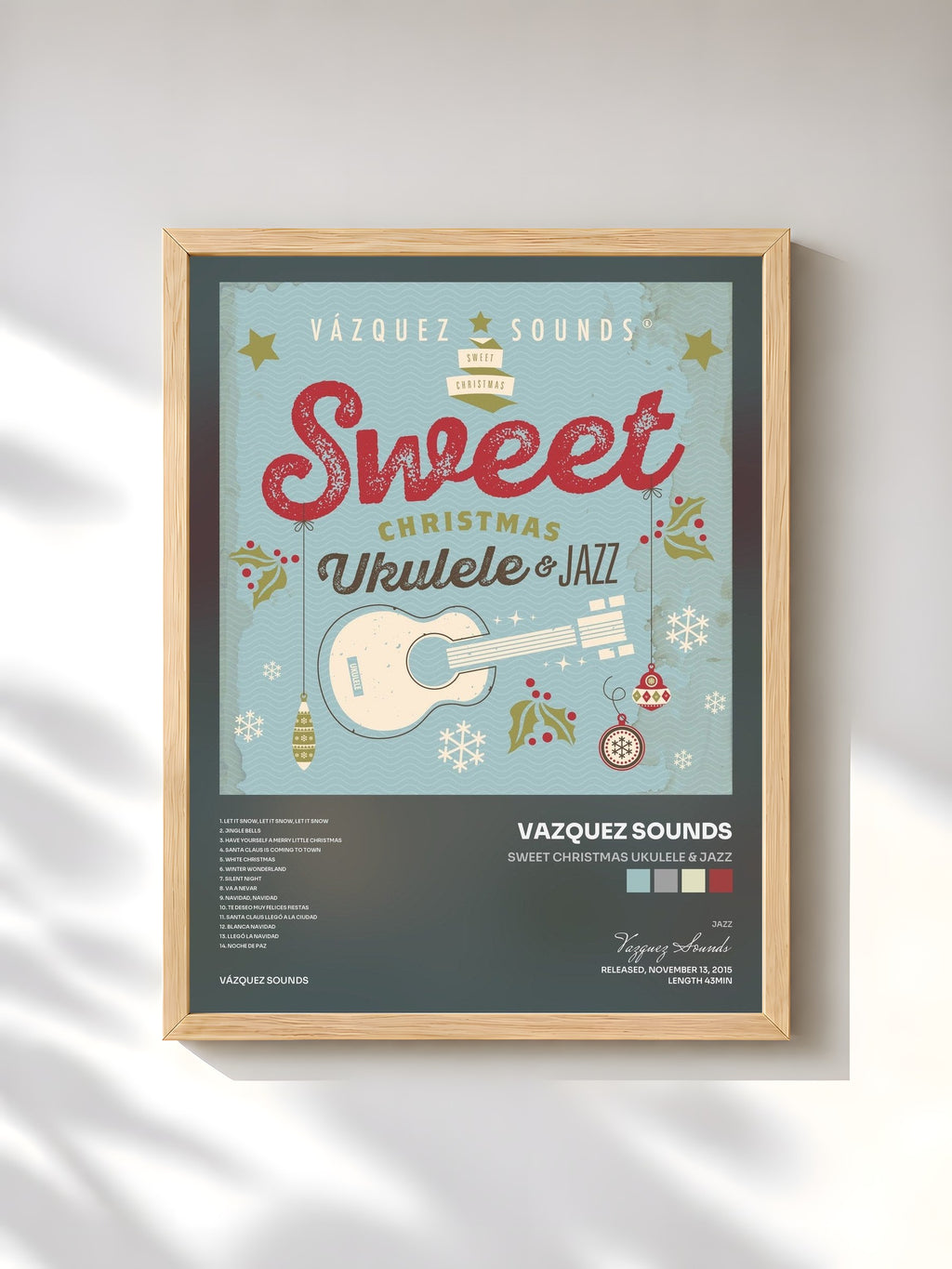 #bois Tableau de l'album Sweet Christmas Ukulele & Jazz de Vazquez Sounds, cadre en bois brut, imprimé et encadré en France