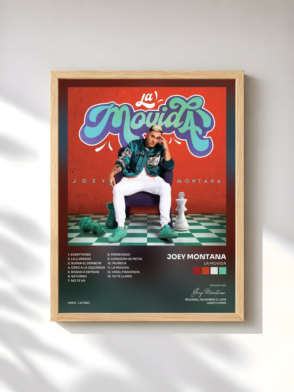 #bois Tableau de l'album La Movida de Joey Montana, cadre en bois brut, imprimé et encadré en France