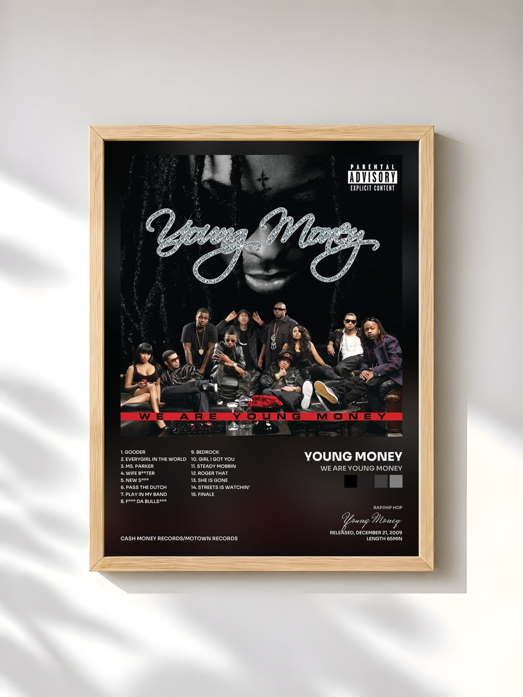 #bois Tableau de l'album We Are Young Money de Young Money, cadre en bois brut, imprimé et encadré en France