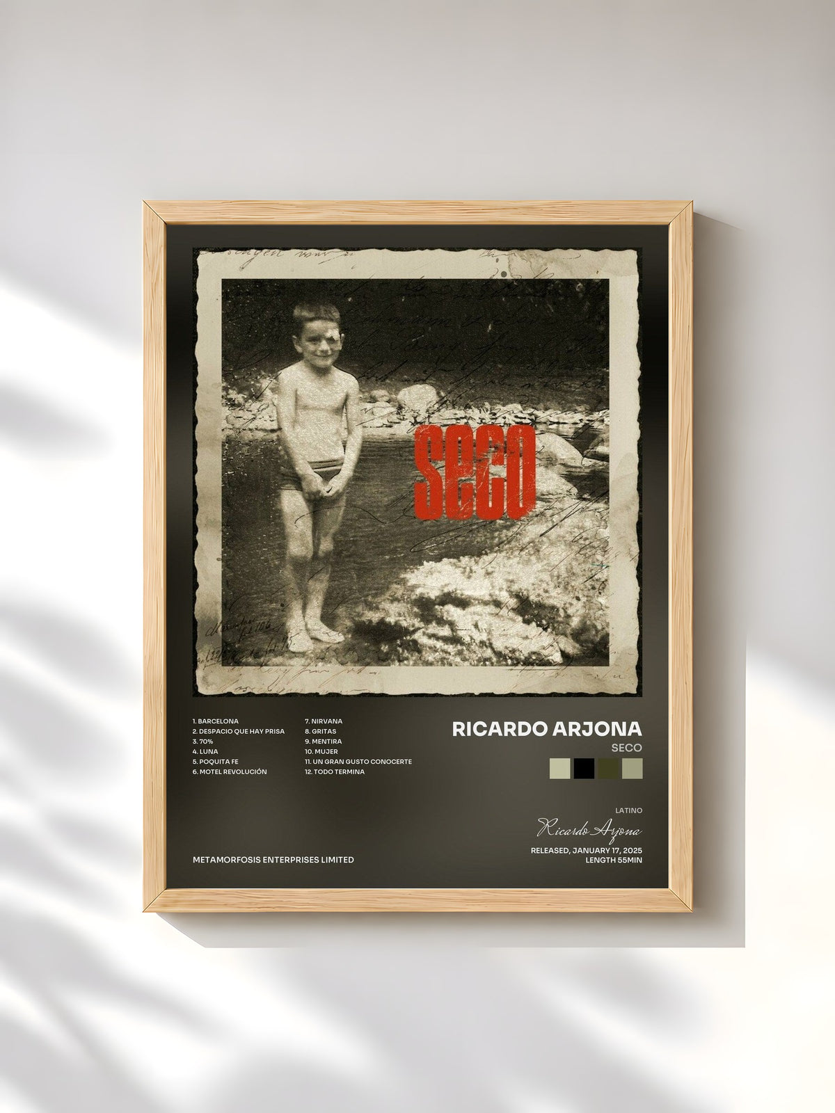 #bois Tableau de l'album SECO de Ricardo Arjona, cadre en bois brut, imprimé et encadré en France