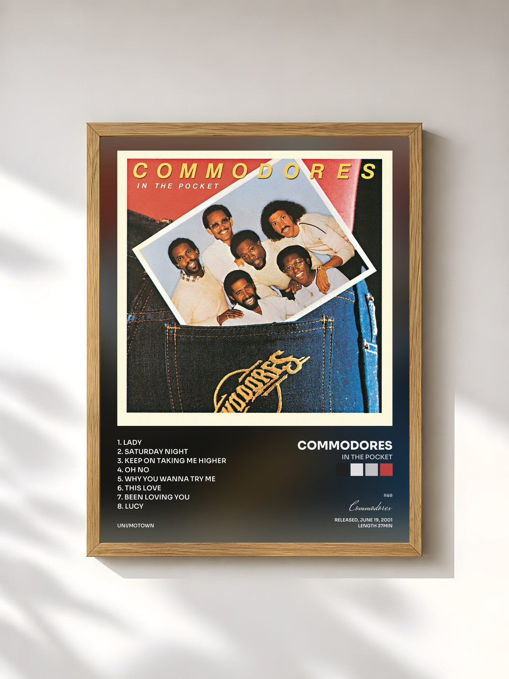 #bois Tableau de l'album In The Pocket de Commodores, cadre en bois brut, imprimé et encadré en France