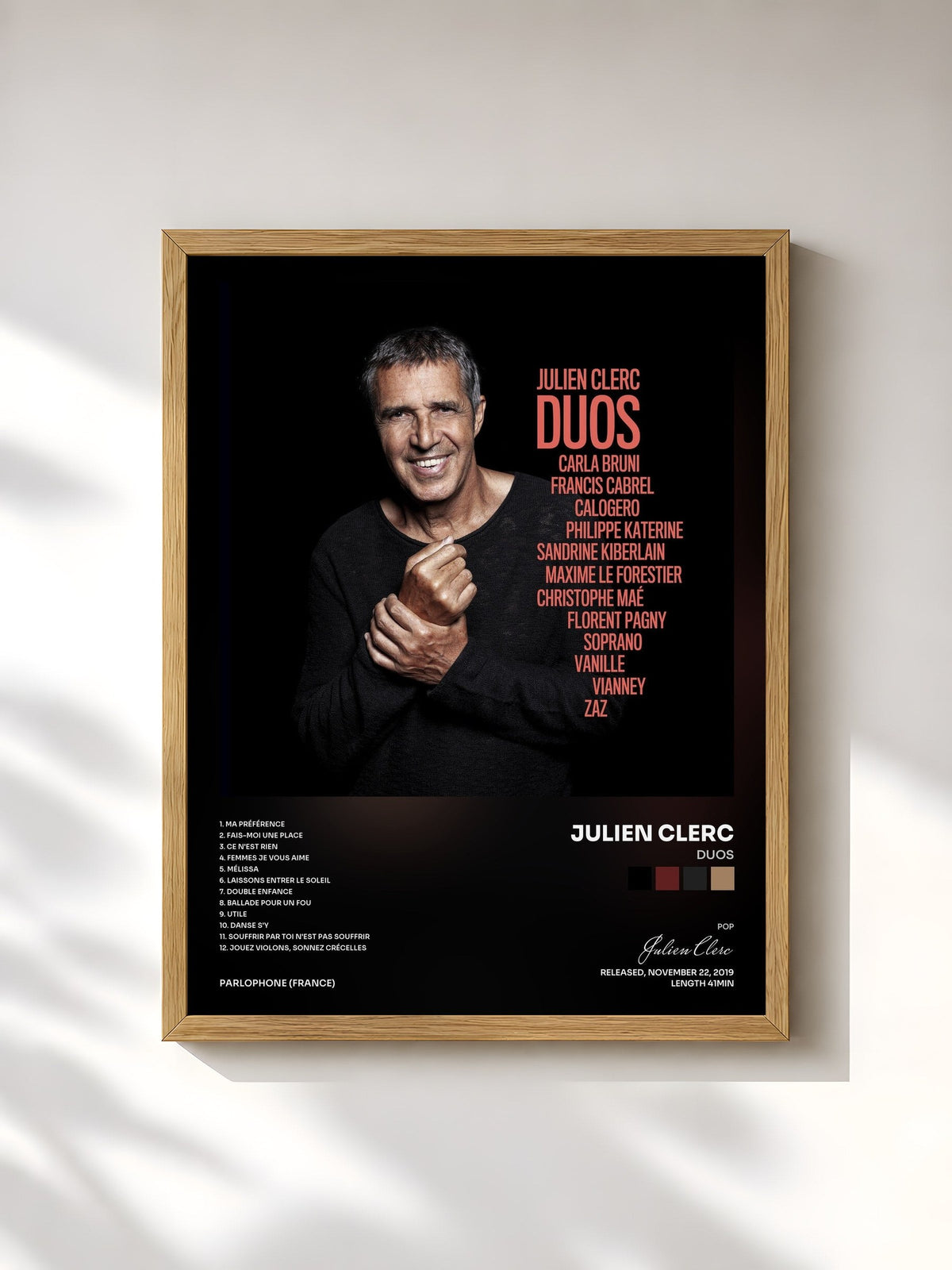 #bois Tableau de l'album Duos de Julien Clerc, cadre en bois brut, imprimé et encadré en France