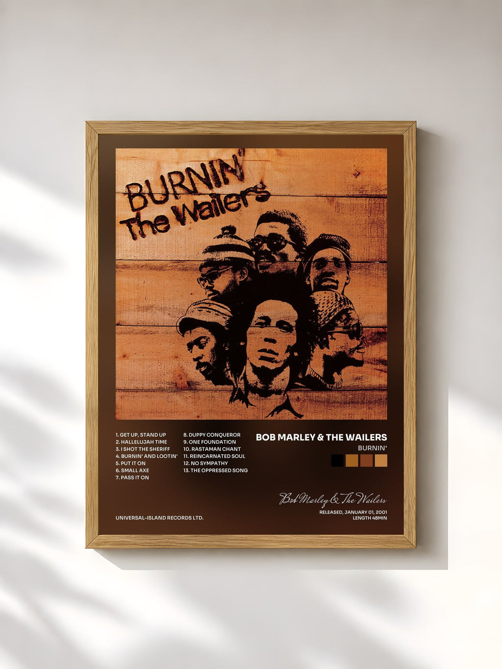 #bois Tableau de l'album Burnin' de Bob Marley & The Wailers, cadre en bois brut, imprimé et encadré en France