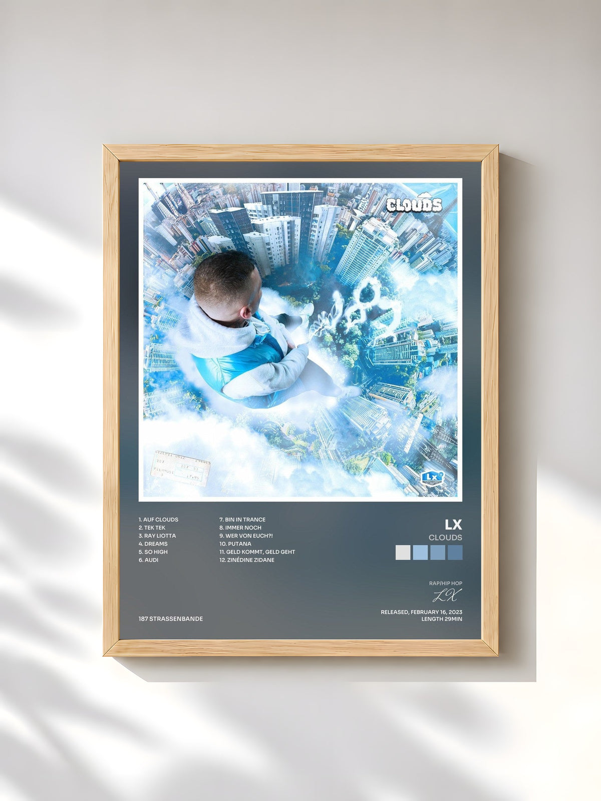 #bois Tableau de l'album CLOUDS de LX, cadre en bois brut, imprimé et encadré en France