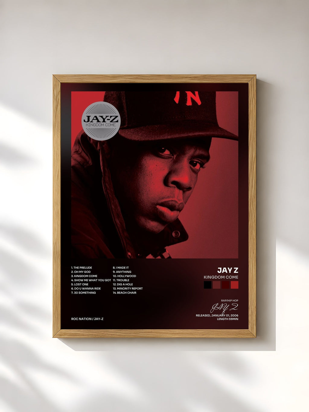 #bois Tableau de l'album Kingdom Come de JAY Z, cadre en bois brut, imprimé et encadré en France