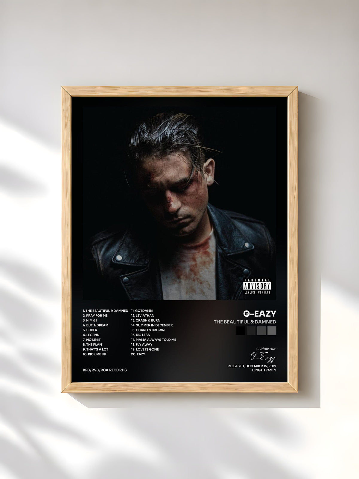 #bois Tableau de l'album The Beautiful & Damned de G-Eazy, cadre en bois brut, imprimé et encadré en France