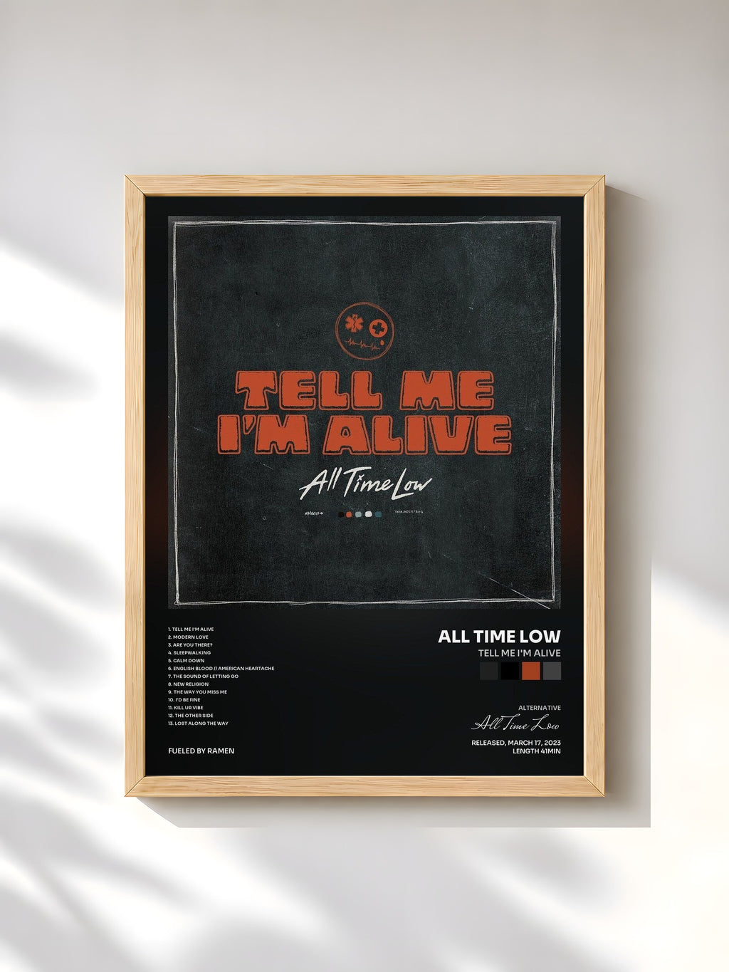 #bois Tableau de l'album Tell Me I'm Alive de All Time Low, cadre en bois brut, imprimé et encadré en France