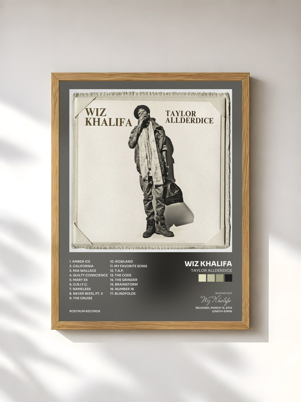 #bois Tableau de l'album Taylor Allderdice de Wiz Khalifa, cadre en bois brut, imprimé et encadré en France