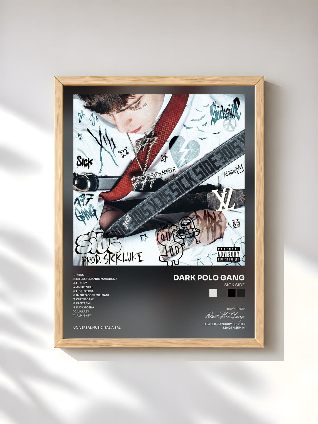 #bois Tableau de l'album Sick Side de Dark Polo Gang, cadre en bois brut, imprimé et encadré en France