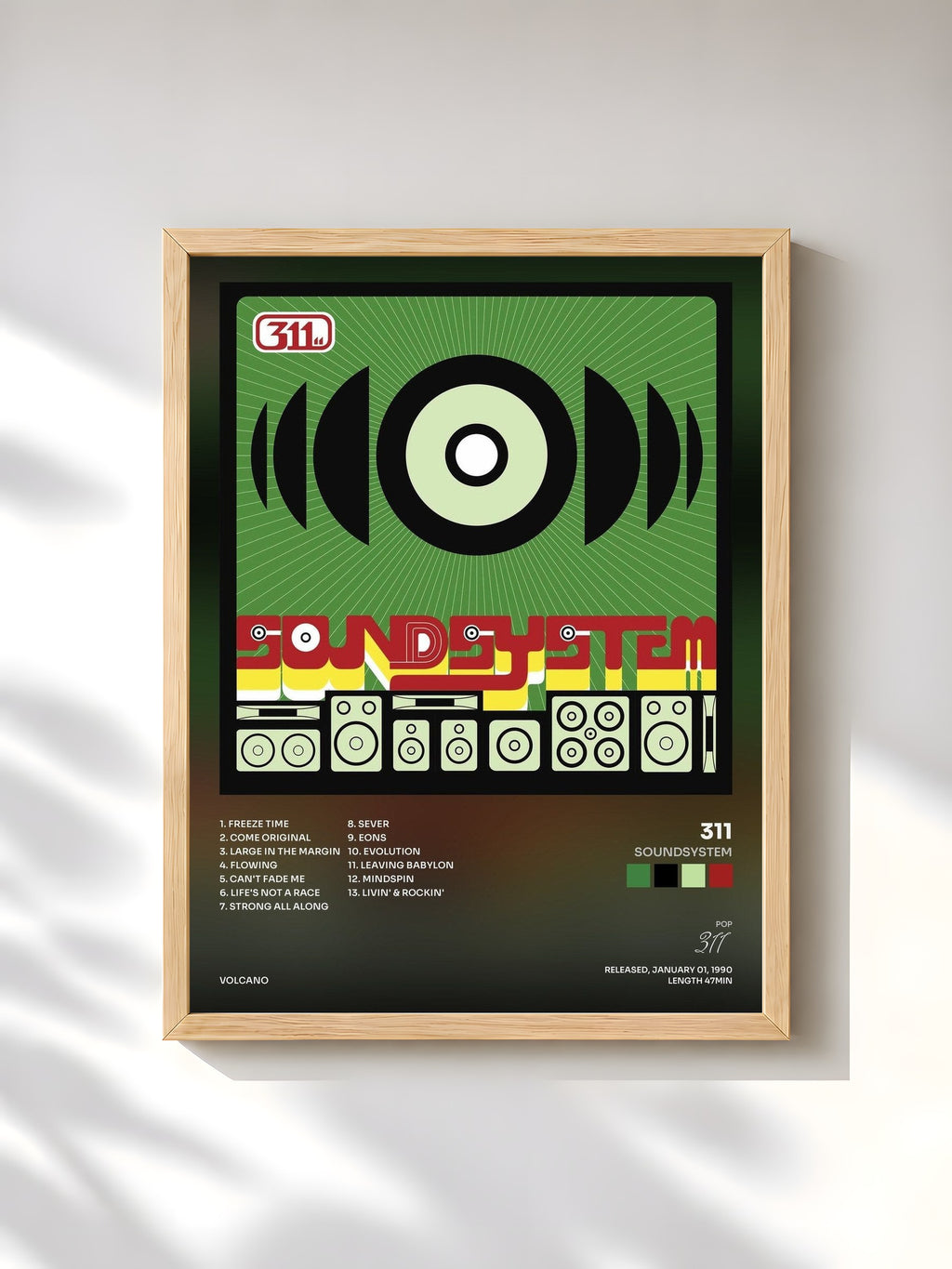 #bois Tableau de l'album Soundsystem de 311, cadre en bois brut, imprimé et encadré en France