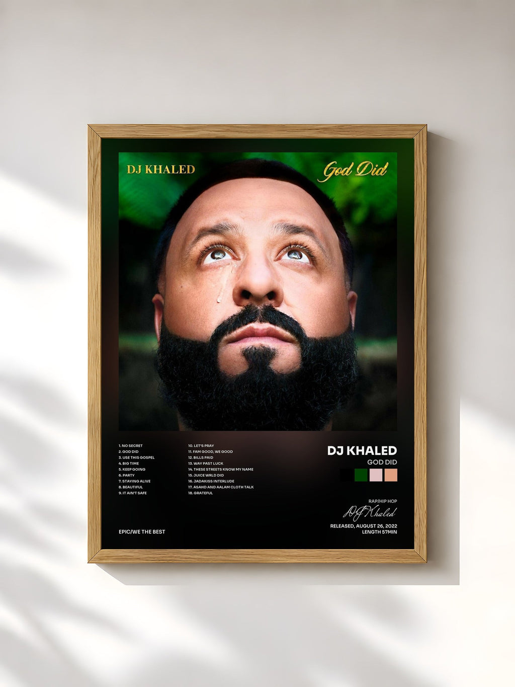 #bois Tableau de l'album GOD DID de DJ Khaled, cadre en bois brut, imprimé et encadré en France